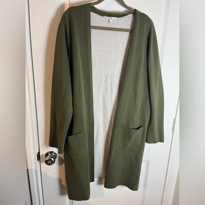Time & Tru Cotton Pockets Olive Green Duster Long Sleeve Open Cardigan Sz XXL